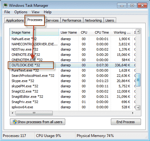 Under the Processes tab, locate and select backupoutlook.exe
Click on the End Task button to terminate the process
