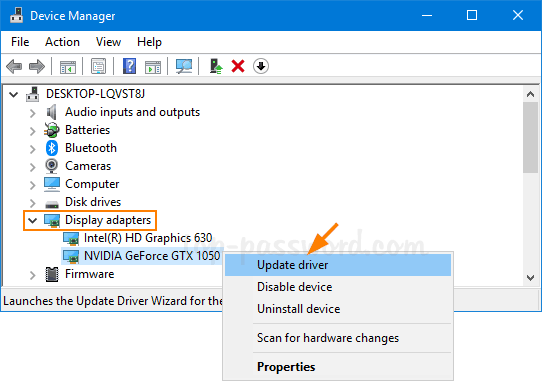 Update device drivers by opening the Device Manager.
Expand the categories and right-click on the specific device.