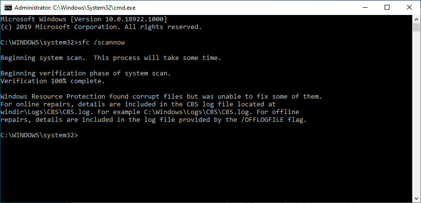 Wait for the system file scan to complete.
If any corrupted files are found, the system will attempt to repair them.