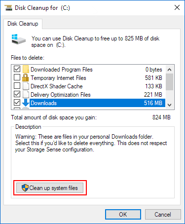 Wait for the system to calculate the amount of space that can be freed up.
Check the boxes next to the types of files you want to delete and click "OK".